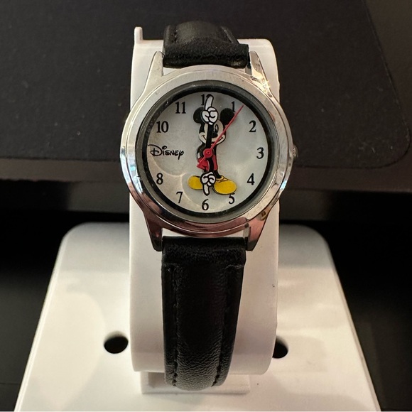 Disney Accessories - Disney Mickey Mouse Leather Stainless Steel Thin Watch in Black/Silver